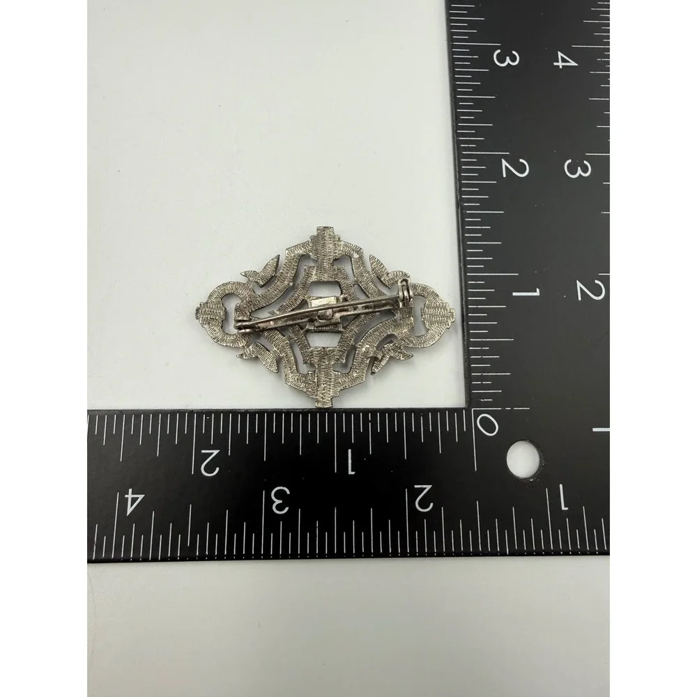 Vintage Art Deco Silver Tone Black Enamel Geometric Openwork Filigree Brooch Pin